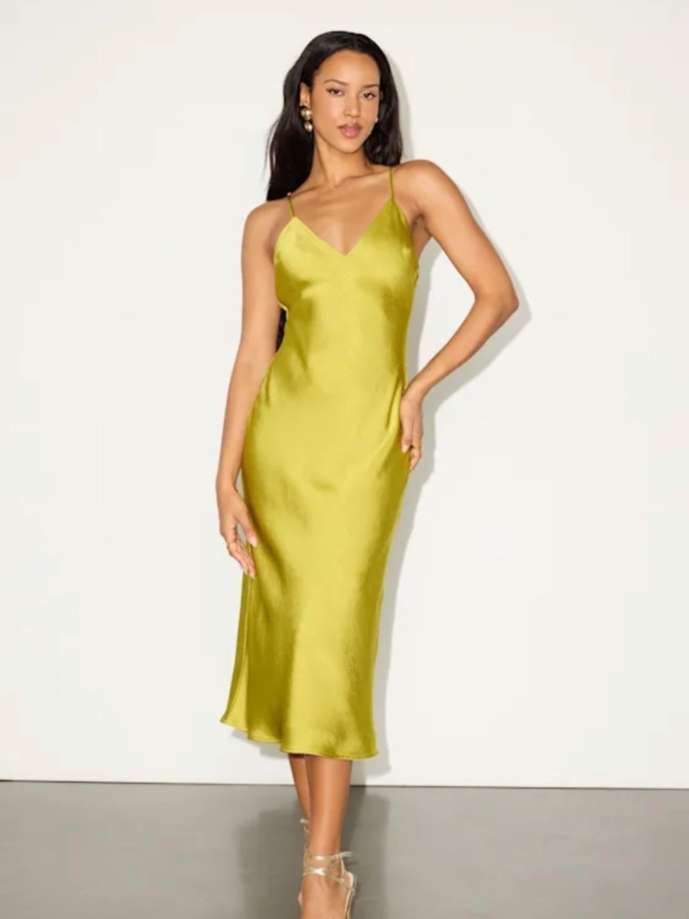 Lulus Katrien Chartreuse Textured Satin Backless Midi Slip Dress Green - Size S